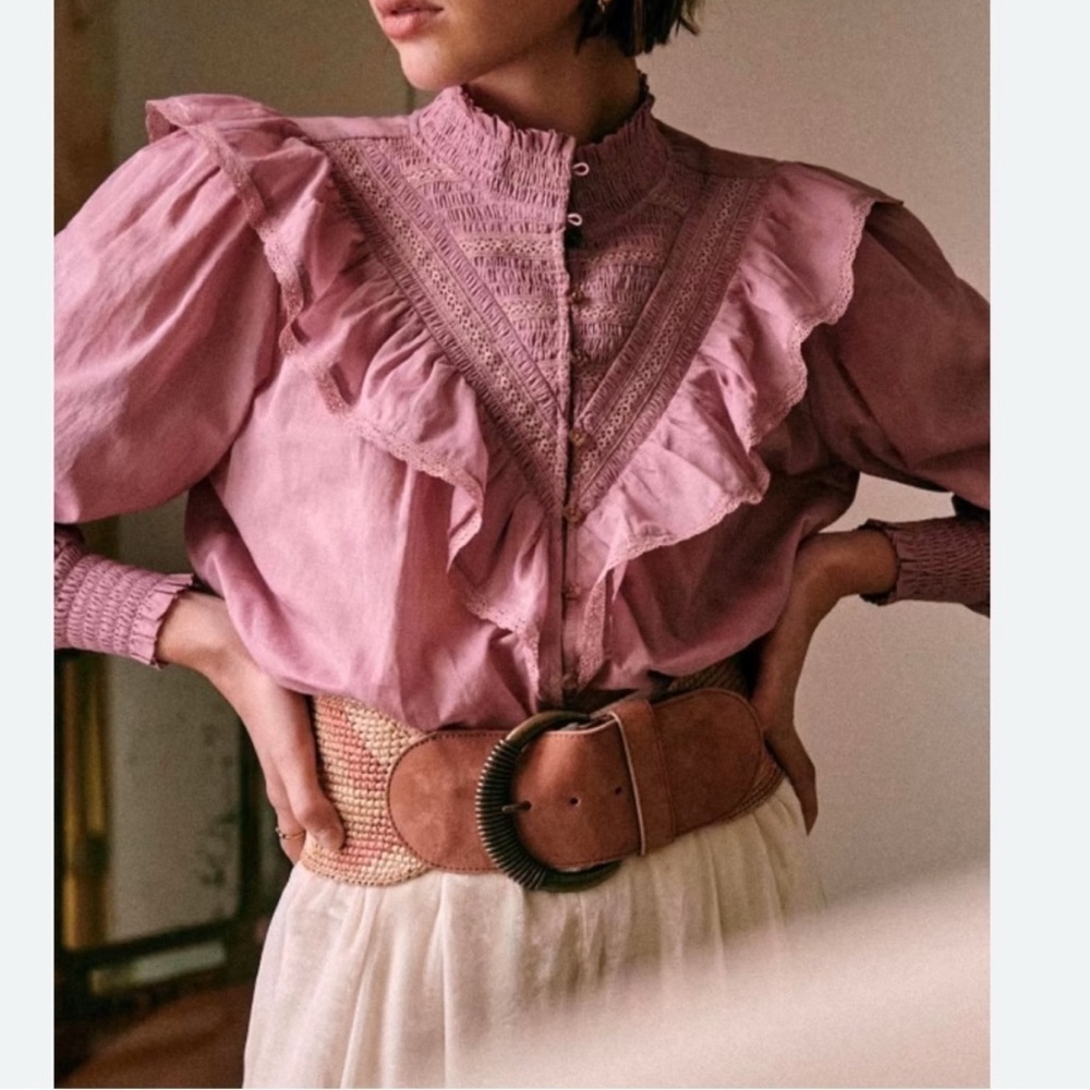 Sezane Marty Blouse Mauve Ruffled Mock Neck 100% Cotton Top romantic | (US 2)